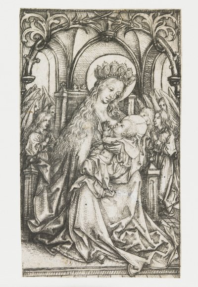 Valtaistuimella istuva Madonna, jota enkelit palvovat tekijältä Meester van het Amsterdamse Kabinet