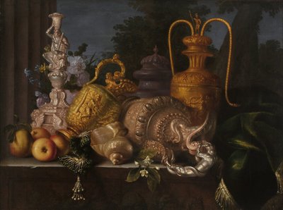 Asetelma, kuoret ja kultaseppä. Meiffren Conten (1630-1705) maalaus. Öljy kankaalle. Mitat: 91 x 121 cm. Pakollinen maininta: Collection fondation regards de Provence, Marseille tekijältä Meiffren (c.1630 1705) Conte
