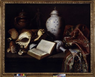 Kiina maljakoita, kuoria, antiikkipronssia, kirjoja ja mattoja (öljy kankaalle) tekijältä Meiffren (c.1630 1705) Conte