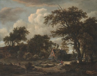 Metsäinen maisema mökin ja ratsumiehen kanssa, 1663. tekijältä Meindert Hobbema