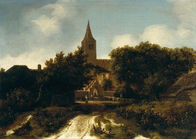 Metsäinen maisema hahmoineen lähellä kirkkoa, n. 1660 tekijältä Meindert Hobbema