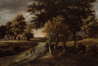 Paisagem arborizada com figuras em um Pathfinnish tekijältä Meindert Hobbema