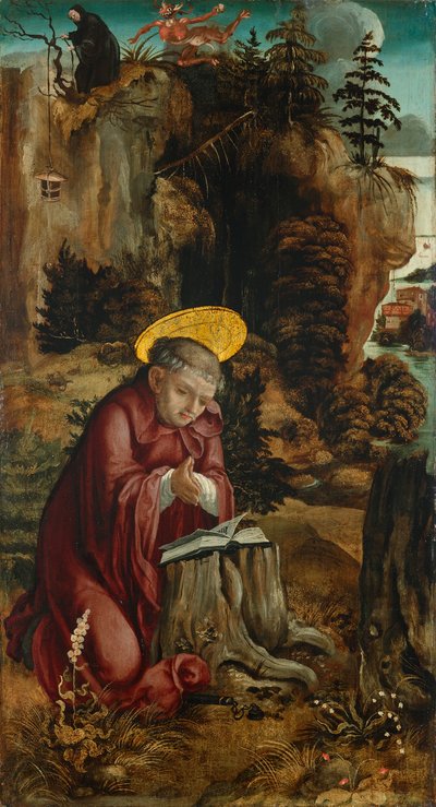 St. Benedict Subiacon luolan edessä tekijältä Meister des Innerochsenbacher Annenaltars