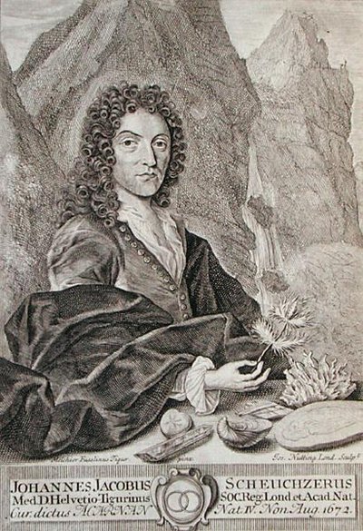 Johann Jacob Scheuchzerin muotokuva, Scheuchzerin Itinera Alpina -teoksen etupuoli, kaiverrus Joseph Nutting (n. 1660-1722), julkaistu 1706 (kaiverrus) tekijältä Melchior Fusslinus (after) Tigur