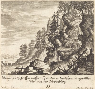 Suuri vesiputous, Schwanburg tekijältä Melchior Küsel after Johann Wilhelm Baur
