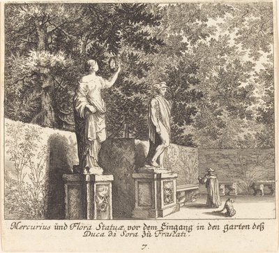 Merkuriuksen ja kasviston patsaat, Dukedi Soran puutarhat, Frascati tekijältä Melchior Küsel after Johann Wilhelm Baur
