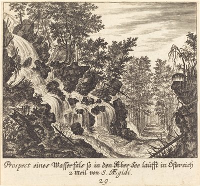 Näkymä vesiputoukselle, Itävalta tekijältä Melchior Küsel after Johann Wilhelm Baur