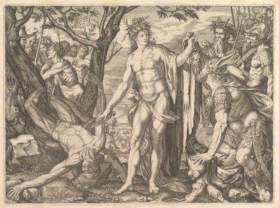 Apollo ja Marsyas ja Midaksen tuomio: oikealla Midas ja aasin korvat..., 1581. tekijältä Melchior Meier