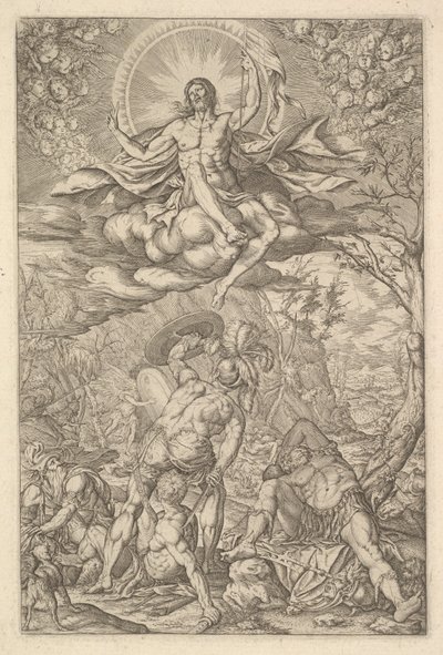 Kristuksen ylösnousemus, jota ympäröivät aureoli ja pilvet, joissa on siivekäs putti..., 1577. tekijältä Melchior Meier