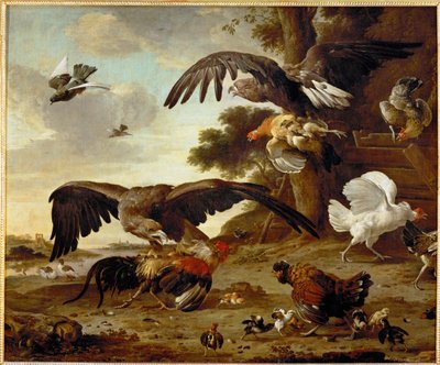Kotkat hyökkäävät kanojen kimppuun ... tekijältä Melchior de (manner of) Hondecoeter