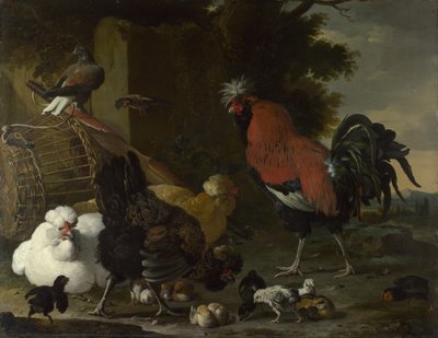 Kukko, kanat ja poikaset, noin 1668-1670 tekijältä Melchior de Hondecoeter