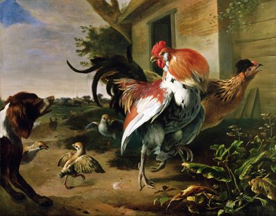 Siipikarja ja spanieli pihalla tekijältä Melchior de Hondecoeter