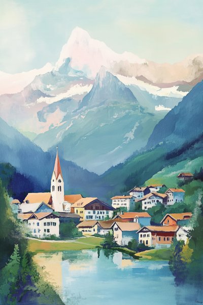 Alpine Village -järvenranta tekijältä Melloi Art Prints
