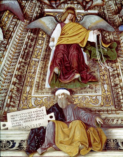 Melozzo da Forlin (Melozzo degli Ambrosi) (1438-1494) esittämä Barukin (Baruch ben Neria), Jeremian opetuslapsen ja enkelin fresko. Pyhän Markuksen (Marcon) sakristin kupoli, santa casan pyhäkkö, Loreto tekijältä Melozzo da Forli
