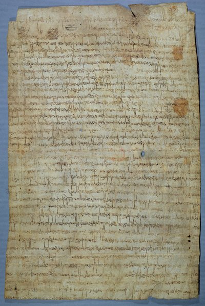 Wadomirin (Uuademir) ja hänen vaimonsa Ercambertan kirjoittama asiakirja, n. 690-691 (kynä ja muste velumiin) tekijältä Merovingian