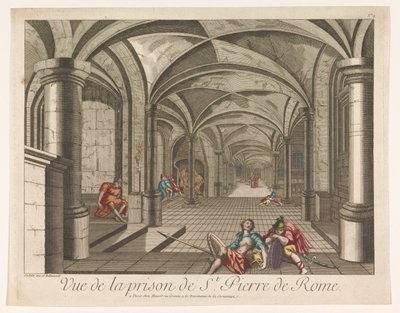 Näkymä Rooman Mamertine-vankilan sisätiloihin Vue de la vankila de St. Pierre de Rome (otsikko esineessä) tekijältä Mesard