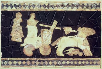 Kahden hevosen vetämät sotavaunut, 2800-2300 eKr. (norsunluu, helmiäinen ja mosaiikki) tekijältä Mesopotamian