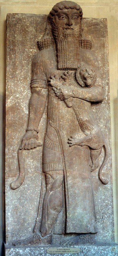 Mesopotamia: "" Sargonin patsas hallitsemassa leijonaa""" sanoi "" Gilgamesh"" Court Khorsabad (Khunsabad) 8. vuosisadalla. Pariisi, Louvre-museo tekijältä Mesopotamian Mesopotamian