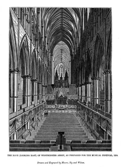 Nave, joka näyttää Westminster Abbeystä itään, 1843 tekijältä Messrs Sly and Wilson