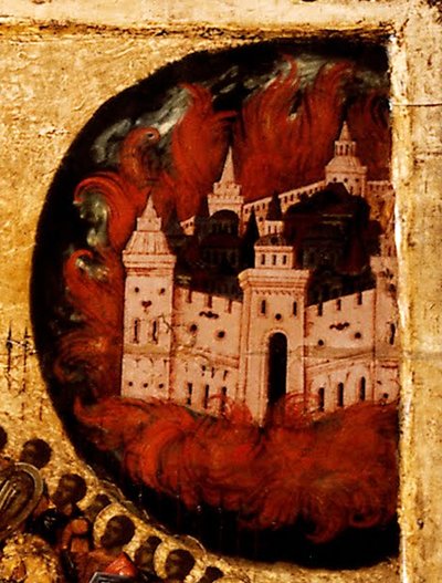 Siunattu taivaan kuninkaan isäntä Yksityiskohta: Tuli Kazanissa, 1550-luku tekijältä Metropolitan of Moscow Athanasius