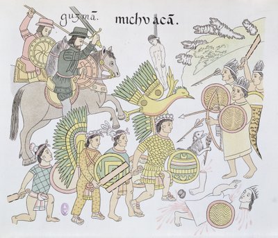 Michoacanin taistelu espanjalaisten ja atsteekkien välillä, kuva faksimilestä Meksikon intiaanien kuvahistoriasta Lienzo de Tlaxcala noin 1550, 1892 tekijältä Mexican School