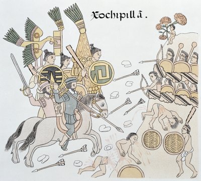 Xochipillan taistelu espanjalaisten ja atsteekkien välillä, kuva faksimilestä Meksikon intiaanien kuvahistoriasta Lienzo de Tlaxcala noin 1550, 1892 tekijältä Mexican School