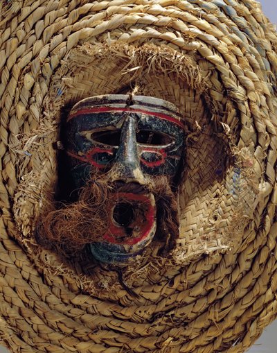 Pukunaamio Meksikon vuotuisen Guelaguetzan festivaalin juhliin (puuta ja palmikoitua olkia) tekijältä Mexican School