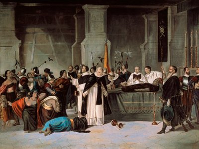 Atahualpan hautajaiset, elokuu 1533, n. 1869 (öljy kankaalle) tekijältä Mexican School
