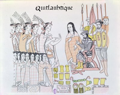 La Malinche (Dona Marina) toimi tulkkina Montezuman (1466-1520) naisten ja kullan esityksessä Hernando Cortesille (1485-1547) kuvituksen meksikolaisen intiaanikuvan faksimilesta tekijältä Mexican School
