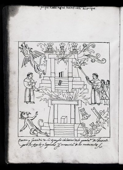 MS Hunter 242 f.240v The Burning of the Temples, Tlaxcala, kuvitus Diego Munoz Camargon "Historia de Tlaxcala" -teoksesta (kynä ja muste paperille) tekijältä Mexican School