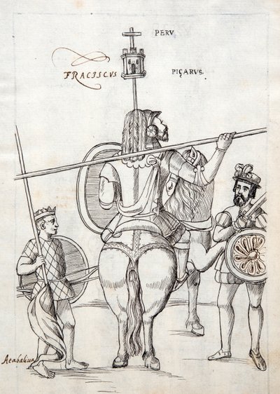 MS Hunter 242 f.248r Picarus eli Pizarro ja sotahevonen, kuvitus Historia de Tlaxcalasta, kirjoittanut Diego Munoz Camargo tekijältä Mexican School