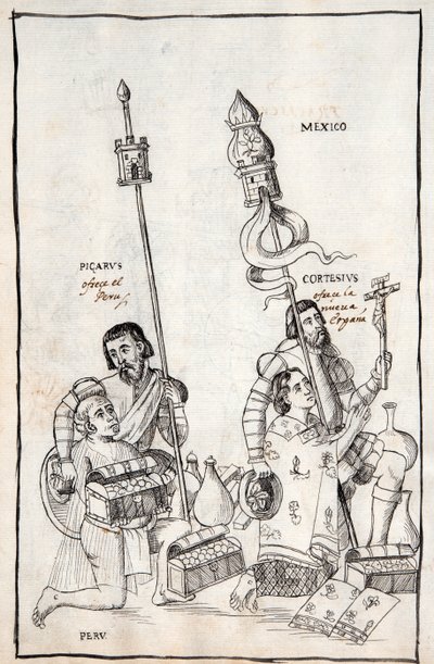 MS Hunter 242 f.248v Picarus (Pizarro) esittelee Perun ja Cortesius (Cortes) Nueva Espanan, kuvituksen Diego Munoz Camargon Historia de Tlaxcalasta tekijältä Mexican School