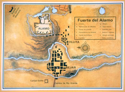 Kartta Alamon alueesta San Antoniossa Santa Annan alkuperäisen taistelukenttäkartan perusteella tekijältä Mexican School