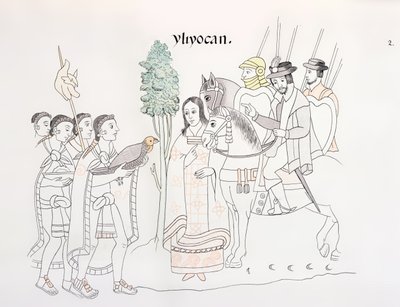 Hernando Cortesin (1485-1547) ja atsteekkien tapaaminen, kuva faksimileistä Meksikon intiaanien kuvahistoriasta Lienzo de Tlaxcala noin 1550, 1892 tekijältä Mexican School