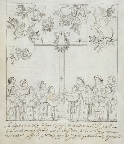 Ms Hunter 242 f.239v Ensimmäisen ristin pystyttäminen, Historia de Tlaxcala, kirjoittanut Diego Munoz Camargo tekijältä Mexican School