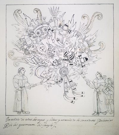 Ms Hunter 242 f.242r Fransiskaaniveljet polttivat perinteisiä kirjoja ja vaatteita, Diego Munoz Camargo Historia de Tlaxcalasta tekijältä Mexican School