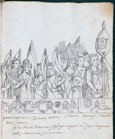 Ms Hunter 242 f.246r Meksikon provinssien edustajat Historia de Tlaxcalasta, kirjoittanut Diego Munoz Camargo tekijältä Mexican School