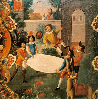 Kohtaus Miguel de Cervantesin (1547-1616) Don Quijoteesta Channel (El ingenioso Hidalgo Don Quijote de la Mancha) 1700-luku (maalaus) tekijältä Mexican School