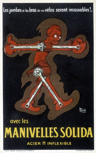 Kiinteästä teräksestä valmistettujen Velo-kampien mainos. Piirustus Mich (Michel Liebeaux tekijältä Mich