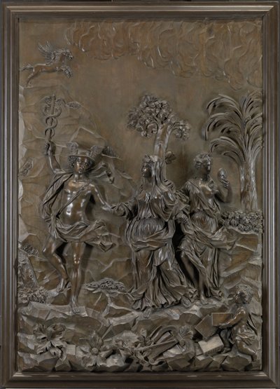 The Stowe Reliefs: Mercury johti traagista ja sarjakuvaa Parnassuksen kukkulalle, n. 1740 (pronssoitua limepuuta) tekijältä Michael (attr.to) Chuke