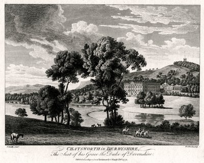 Chatsworth Derbyshiressä, hänen armonsa Devonshiren herttuan kotipaikka, 1775 tekijältä Michael Angelo Rooker