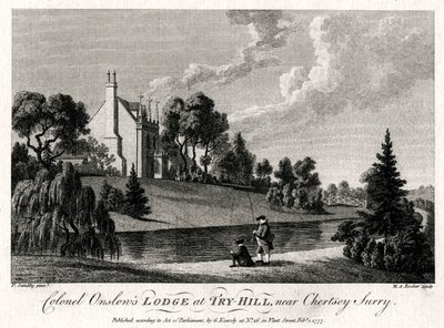 Eversti Onslows Lodge Try-Hillissä, lähellä Chertseyta, Surryssa, 1777 tekijältä Michael Angelo Rooker