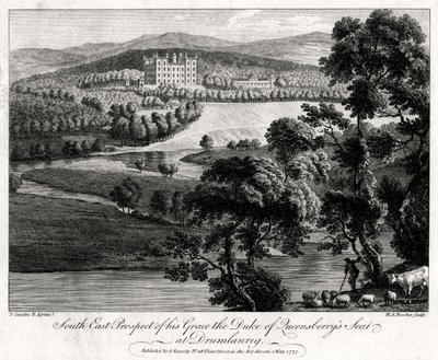 Kaakkoisnäkymä hänen Grace, Queensberrysin herttuan istuimelle Drumlanrigissa, Skotlannissa, 1775 tekijältä Michael Angelo Rooker