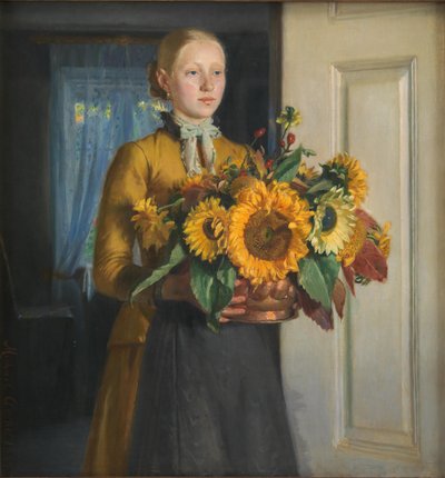 Tanskalainen:  Pigen med solsikkerne Tyttö auringonkukkien kanssa. tekijältä Michael Peter Ancher