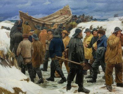 Pelastusvene ajetaan dyynien läpi. 1883 tekijältä Michael Peter Ancher