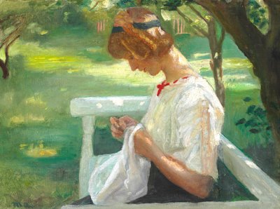 Ella Saxild ompelee puutarhassa kesäpäivänä. tekijältä Michael Peter Ancher