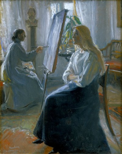 Studiossa Anna Ancher, Artists Wife Painting, 1800-luvun loppu - 1900-luvun alku. tekijältä Michael Peter Ancher
