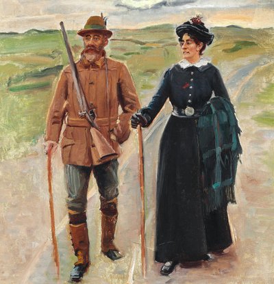 Sødring ja hänen vaimonsa. Opinnäytetyö "Hjem fra jagten" (Viimeisen taistelun jälkeen). tekijältä Michael Peter Ancher