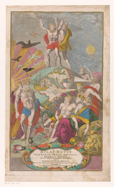 Atlas en Hercules dragen sternerhemel Sivun nimi: Johann Baptista Homann, Atlas Novus Terrarum Orbis Imperia, Regna et Status Exacte Tabulis Geographicè Demonstrants, 1729 tekijältä Michael Rössler