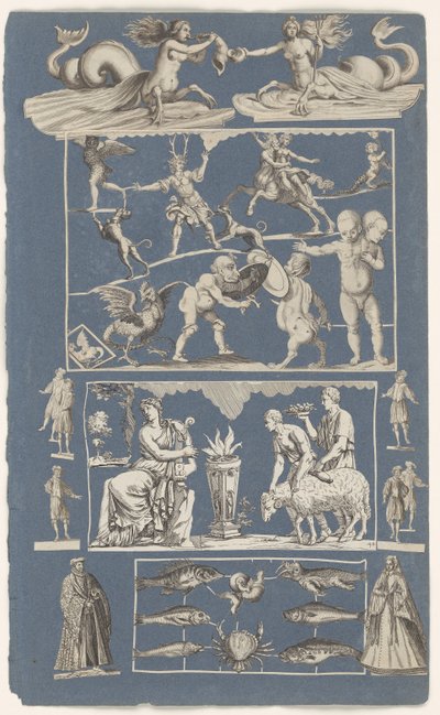 Kollaasi leikatuista kuvista, jotka on liimattu siniselle paperiarkille Luonnon ihmeitä tekijältä Michael Snijders (attributed to)